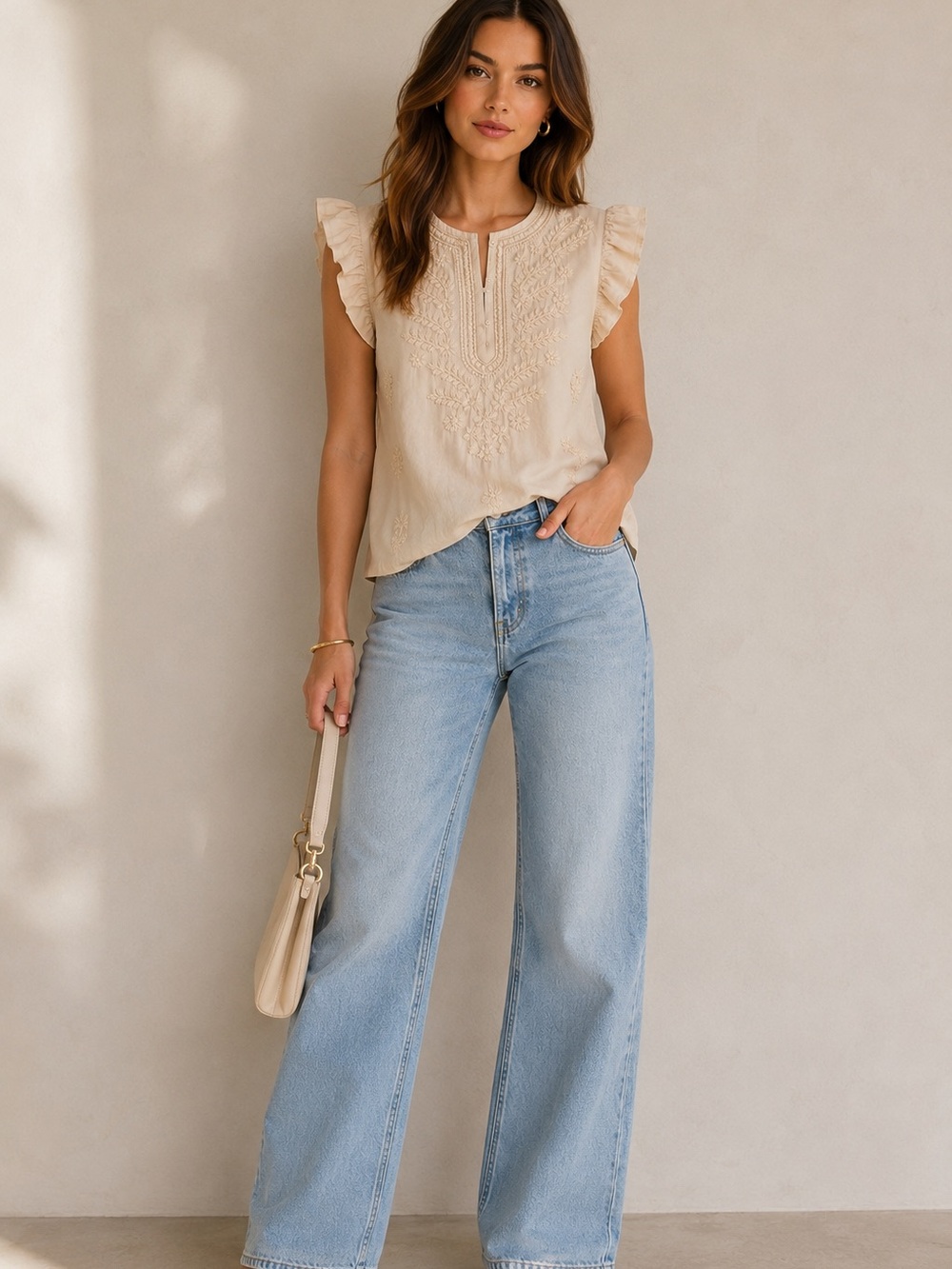 INDUSTRY Embroidered Ruffle women Sleeve Top - Cream really soft , brand new! ✨